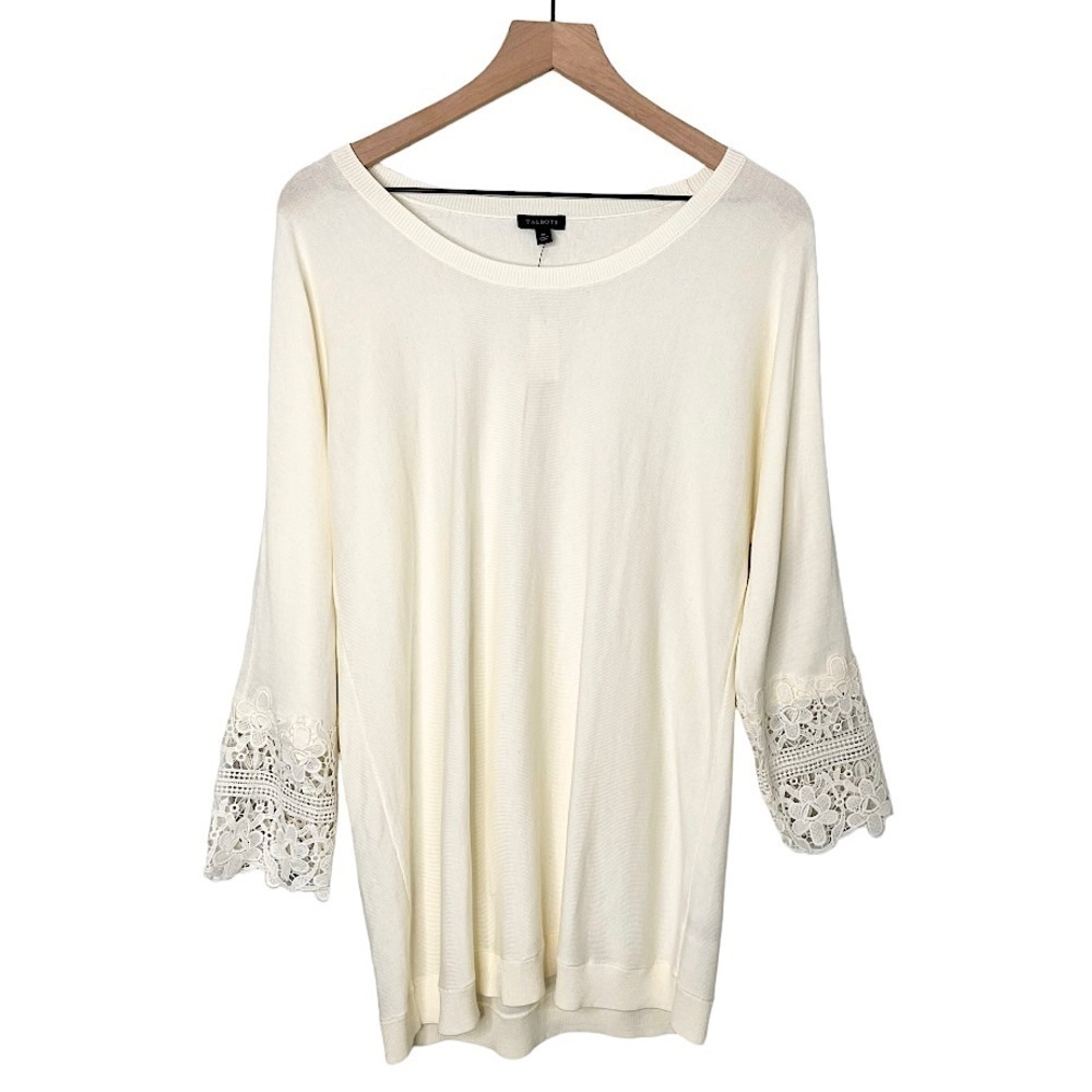NWT Talbots‎ Lace 3/4 Sleeves Tunic Length Scoop Neck Top White Ivory Medium